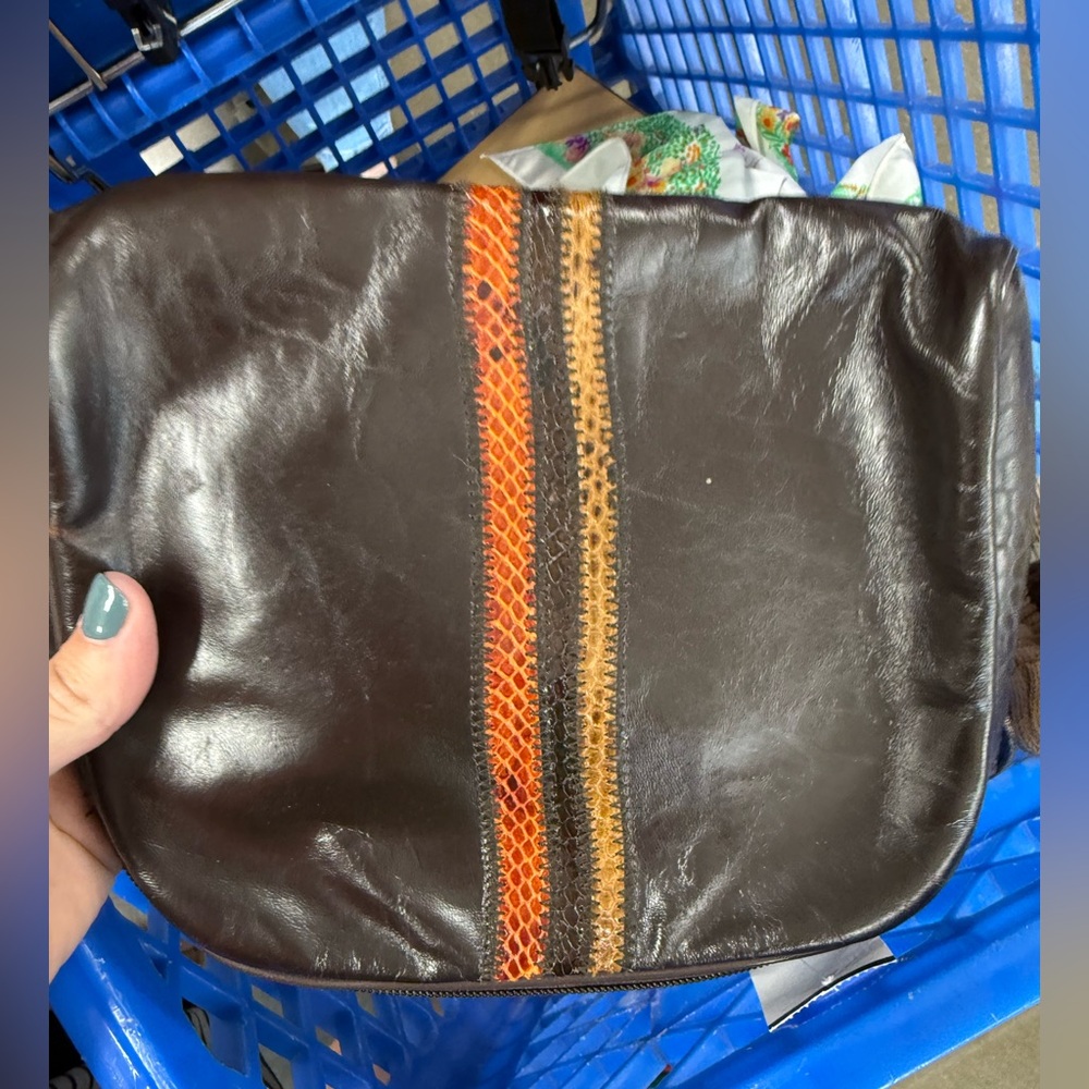 🐍 skin and Brown Leather Crossbody Bag with Orange Accents